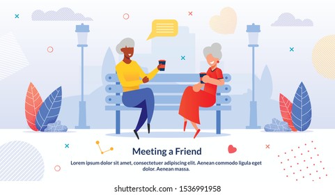 Meeting Multi-Ethnic Senior Friends Cartoon Flat. Afro-American and Caucasian Women Sitting on Bench in Park and Drinking Coffee. Female Characters Chatting, Gossip. Vector Flat Illustration