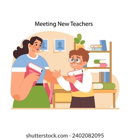 Meeting new teachers concept. Students eager introduction to new mentor, marking the start of educational journey at new school. Creating supportive atmosphere for newcomer. Flat vector illustration