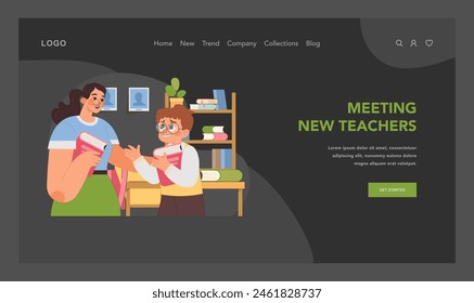 Meeting new teachers web or landing. Students eager introduction to new mentor, marking the start of educational journey at new school. Creating supportive atmosphere for newcomer. Flat vector