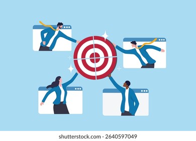 Meeting objective, agenda or company goal, target achievement planning strategy, teamwork colleagues working together on same target, business people coworker connecting target objective jigsaw.