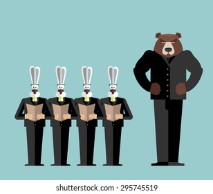 Meeting Office. Bear big boss scolds rabbits. Hares are afraid. Vector illustration of business relations. 