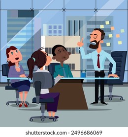 meeting in the office. boss talking. glass window. commercial zone