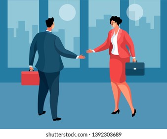 Meeting in the office. Businessman and businesswoman shaking hands. Two cartoon characters, male and female, in full height, with briefcases, wearing business clothing.  Vector illustration