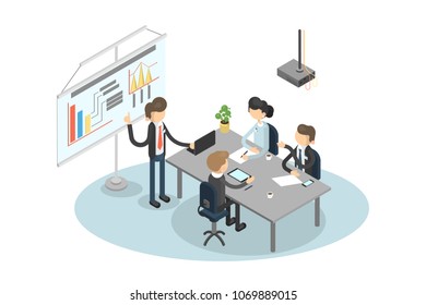 Meeting at office. People at presentation with speaker.