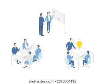 meeting in the office. Scenes of brainstorming, business negotiations, and inspiration. Isometric illustration set.