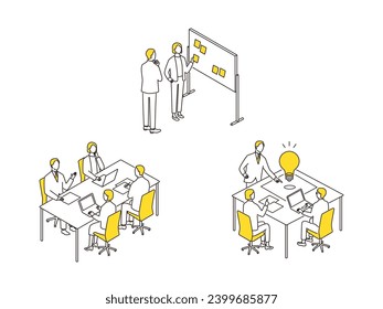 meeting in the office. Scenes of brainstorming, business negotiations, and inspiration. Isometric illustration set.