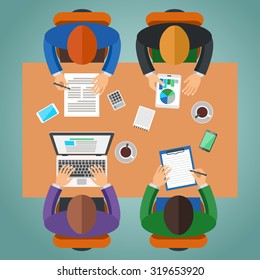 Meeting at office, teamwork, brainstorming concept. Group of people working, top view. Flat design vector illustration.