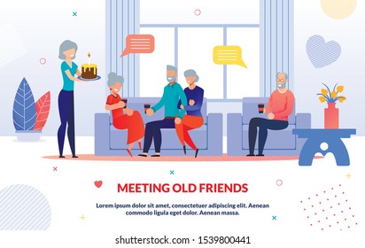 Meeting Old Friends And Party Time Flap Poster. Grey-Haired Aged People Characters Rest. Senior Male Female Talking, Drinking Coffee And Eating Cake. Living Room Interior. Cartoon Vector Illustration