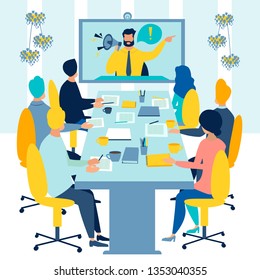 Meeting on conference video call. Remote business talking. Flat style. Cartoon vector illustration