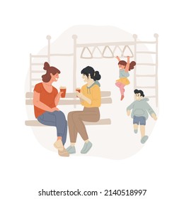 Meeting on outdoor playground isolated cartoon vector illustration. Friends meeting outdoor, parents sitting on bench, having conversation, kids playing on playground, lifestyle vector cartoon.