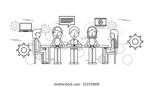 meeting on the table with workers over gears wheels and white background. business and strategy concept. colorful design. vector illustration 