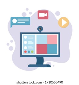 meeting online, computer monitor speech bubble video camera vector illustration