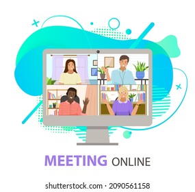 Meeting online, desktop computer with group of colleagues taking part in video conference. Software for videoconferencing and online communication. Virtual work meeting, friends talking