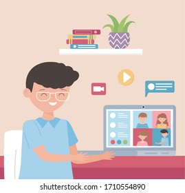 reunión en línea, hombre con pantalla de ordenador hablar colega ilustración vectorial