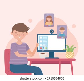 meeting online, man have remote video meeting on laptop screen vector illustration