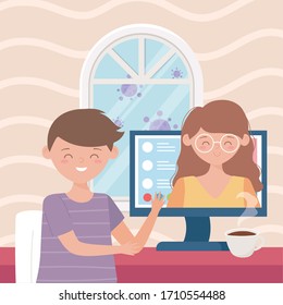meeting online, man and woman have distance video for work vector illustration