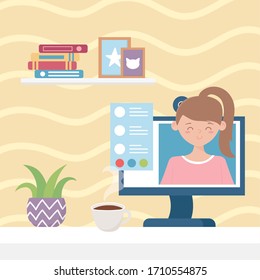 meeting online, woman on screen virtual work from home vector illustration