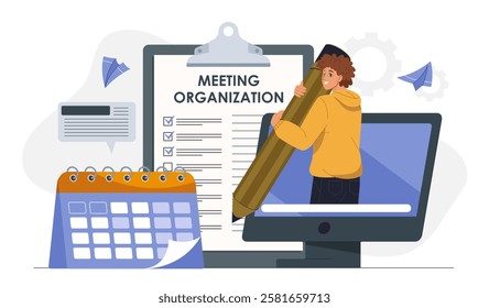 Meeting organization online. Man with pencil on computer screen marks calendar. Organizing efficient work process. Video conference on internet. Flat vector illustration