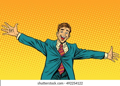 Meeting other happy people, pop art retro vector illustration. Businessman widely placed arms for a hug
