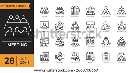 Meeting outline icon set. Containing Business meeting, conference, planning, presentation, discussion, conversation, and more. Editable stroke. Vector illustration
