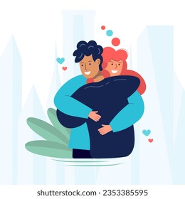 Meeting and parting of lovers or relatives. People hug. Girl hugging boyfriend - vector illustration in flat style. Concept - farewell, meeting, hug