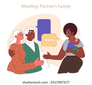 Meeting partner's family. Elderly couple embracing, introducing family member with a baby. Generational bonding. Flat vector illustration