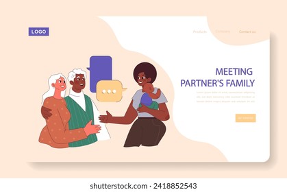 Meeting Partner's Family web or landing. Elderly couple embracing, introducing family with a baby. Generational bonding. Flat vector illustration