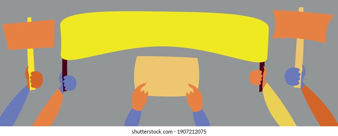 Meeting, peaceful procession. Hands of people with signs and banners. Protesters. Vector cartoon illustration