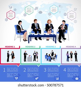 Treffen mit Menschen Infografik-Set mit Collaboration Briefing Analyse Brainstorming Konsultation in flacher Vektorgrafik