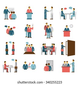 Meeting  people interaction dialogue flat color icons isolated vector illustration.