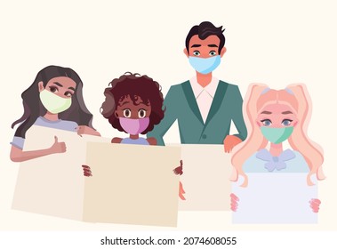 meeting of people with placard man and woman boy and girl in a medical mask