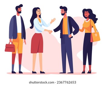 Meeting Of People And Shaking Hands. Happy With Respect, Business Team Applauding At Office Meeting. Flat Vector Illustration