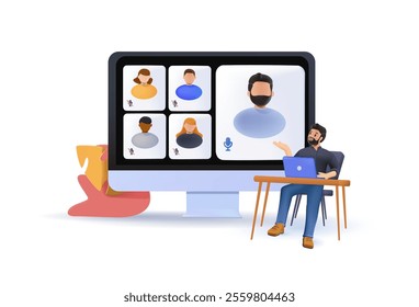 Meeting planning illustration. Manager inviting employees to team meeting and one on one interview, developing agenda and organizing productive conversation. Business concept. 3D Vector illustration