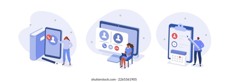 Meeting planning illustration set. Characters organizing team video conference or call, developing agenda topics for productive discussion. Business concept. Vector illustration.