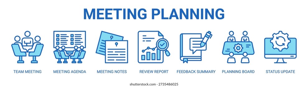 Meeting Planning web banner icon vector illustration concept with icon of team meeting, meeting agenda, meeting notes, review report, feedback summary, planning board, and status update.