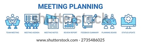Meeting Planning web banner icon vector illustration concept with icon of team meeting, meeting agenda, meeting notes, review report, feedback summary, planning board, and status update.