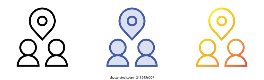 Symbol für Treffpunkt. Lineares, blaues Füllungs- und Verlaufsstil-Design auf weißem Hintergrund