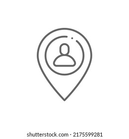 Meeting Point Line Icon. User Map Marker Linear Style Sign For Mobile Concept And Web Design. Man Location Pin Outline Vector Icon. Venue Symbol, Logo Illustration. Vector Graphics