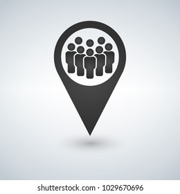 Meeting point location icon. Friends nearby. Drop shadow gps mark silhouette symbol. Group of people inside pinpoint. Vector isolated illustration.