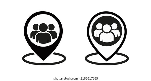 Meeting point location icon. Friends nearby. Group of people inside pinpoint. Fill vector icon