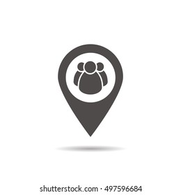 Meeting Point Location Icon. Friends Nearby. Drop Shadow Gps Mark Silhouette Symbol. Group Of People Inside Pinpoint. Negative Space. Vector Isolated Illustration