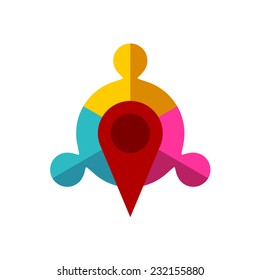 Meeting Point Logo Template. Map Pointer With Team Of Three Sign.