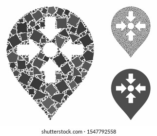 Meeting point marker mosaic of bumpy elements in various sizes and color tints, based on meeting point marker icon. Vector bumpy items are combined into collage.