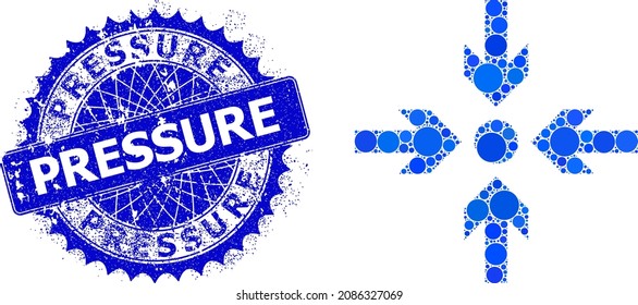 Meeting point vector mosaic of small circles in variable sizes and blue color tones, and rubber Pressure stamp seal. Blue round sharp rosette stamp seal includes Pressure tag inside.