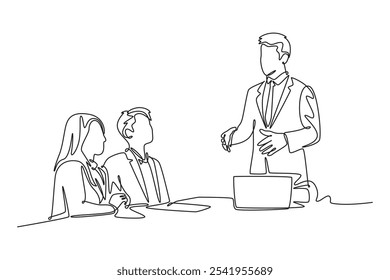 Concepto de encuentro y presentación. Ilustración gráfica de Vector de diseño de línea única.