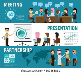 meeting. presentation. partnership. banner header.
set of full body diverse business people.
different nationalities and dress styles.
character cartoon business concept.
flat modern design.isolated 