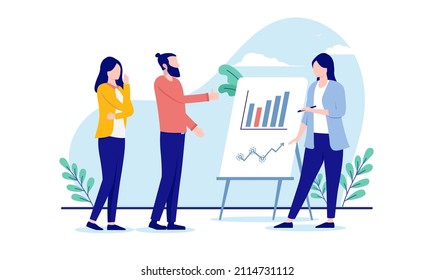 Meeting presentation - Small group of people having a discussion over graphs and charts. Small business concept, flat design vector illustration