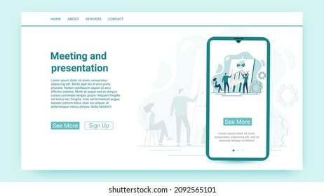 Meeting und Präsentation.Geschäftsverhandlungen, gemeinsame Problemlösung und Präsentation von neuen Projekten..Website und mobile Applikationsvorlage.