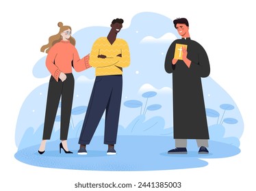 Meeting with priest concept. Man and woman with Catholicism and Christianity. Religion worker with auditorium. Faith and belief. Cartoon flat vector illustration isolated on white background