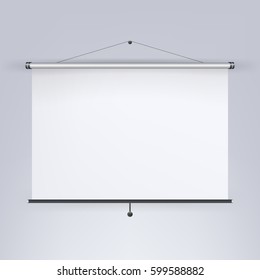 Meeting Projector Screen Vector. Hanging Projection Screen Isolated On White. Empty Presentation Board, Blank Whiteboard For Conference.